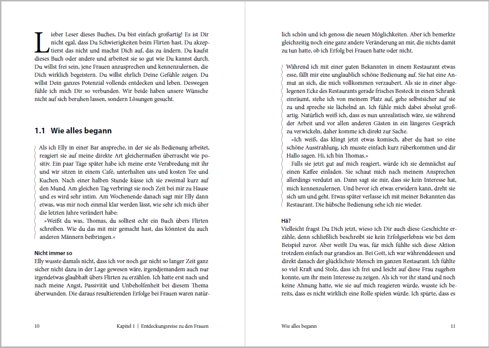 Initialbuchstaben und Absatzlinien: abwechslungsreiche Typografie im Buch "Der Besserflirter" von Thomas Frank