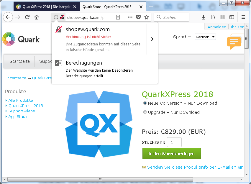 Kauf von QuarkXPress über einen unsicheren Shop ohne SSL