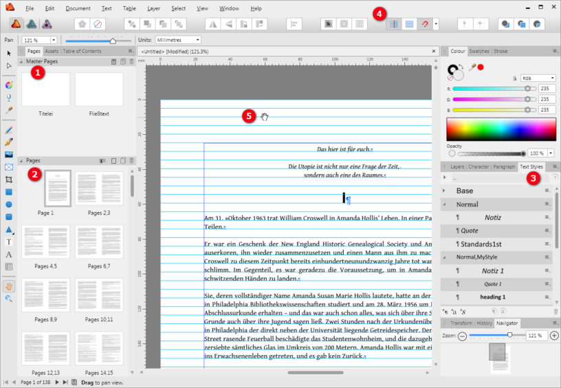 Programmfenster von Affinity Publisher: Satz eines Romans mit Masterseiten und Grundlinienraster