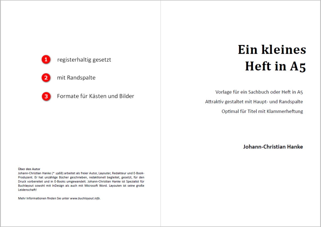 Attraktive Vorlage für ein Sachbuch in A5: Mit Kästen, Bildern und