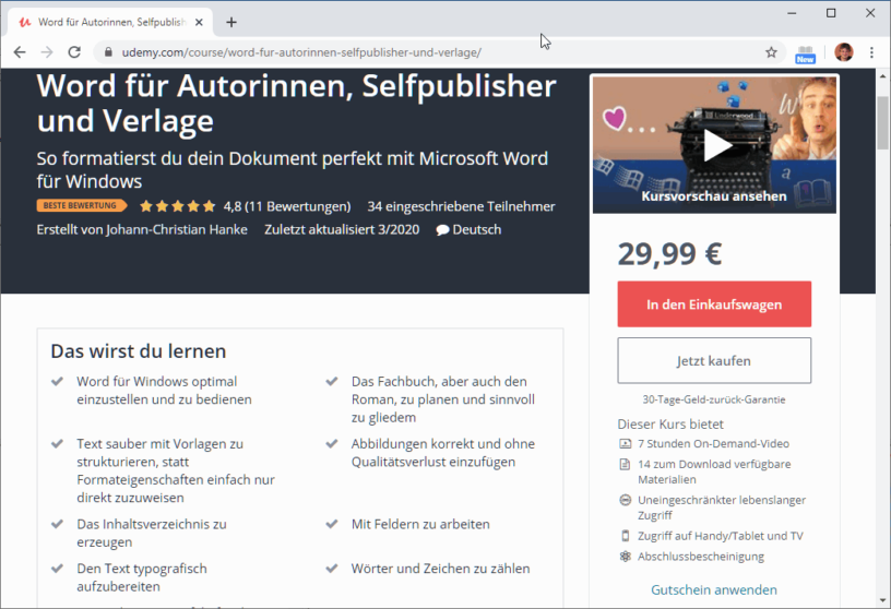 Neuer Kurs von Johann-Christian Hanke: Word für Autorinnen, Selfpublisher und Verlage